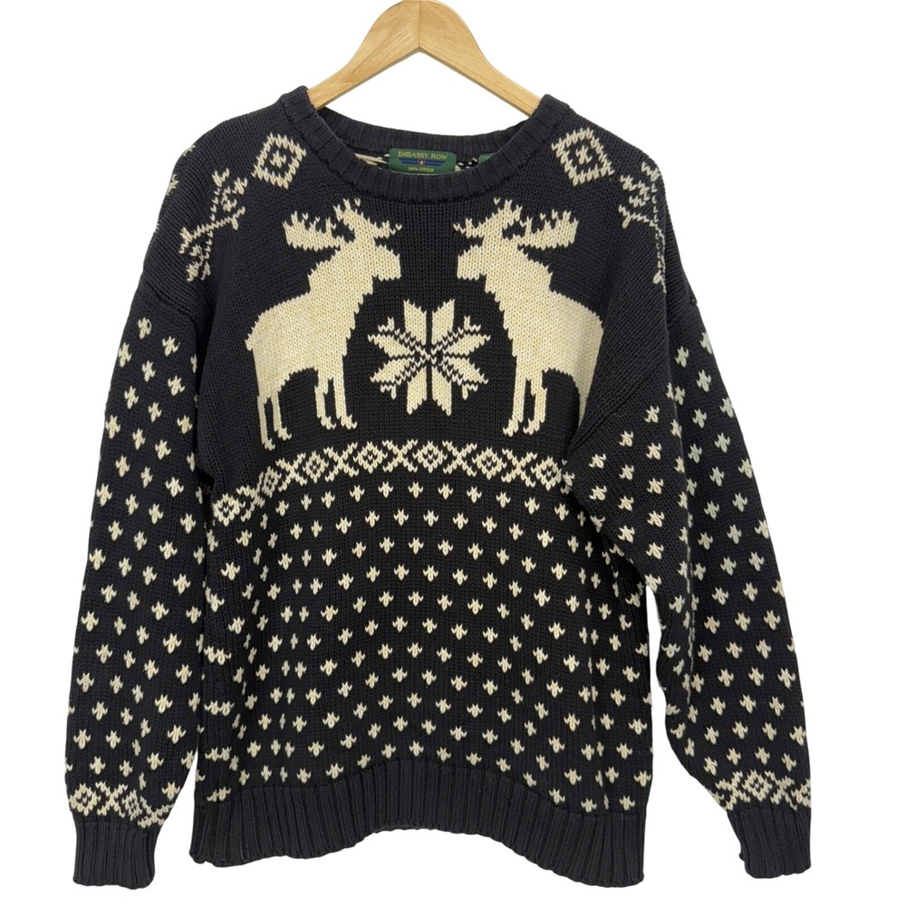 Embassy Row Vintage Nordic Moose Chunky Fisherman Sweater Size L Cotton Holioday